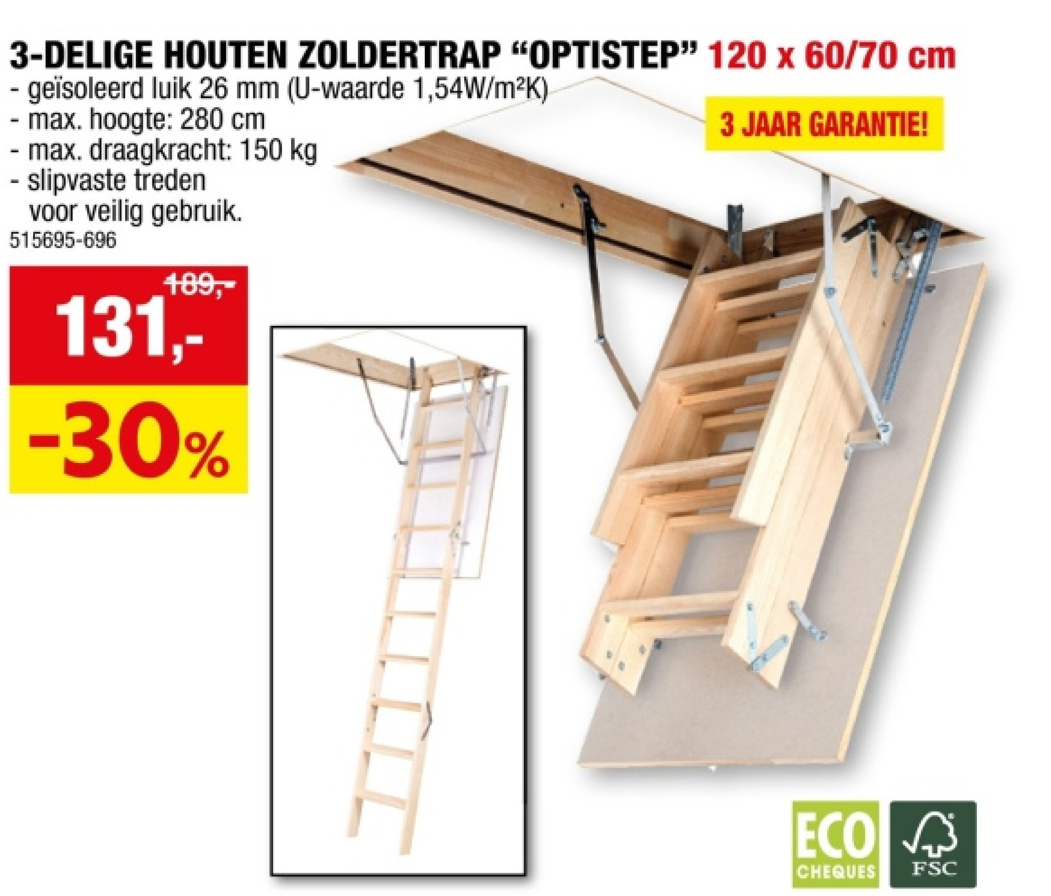 3-DELIGE HOUTEN ZOLDERTRAP "OPTISTEP" 120 x 60/70 cm