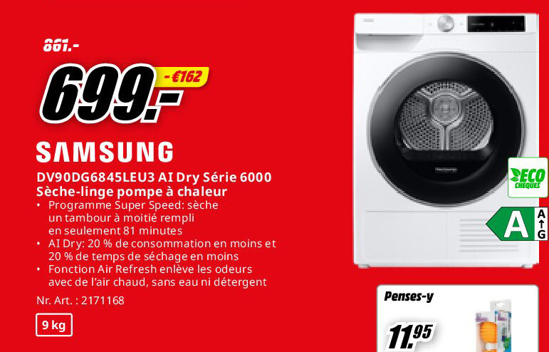 Samsung DV90DG6845LEU3 AI Dry Série 6000 Sèche-linge pompe à chaleur
