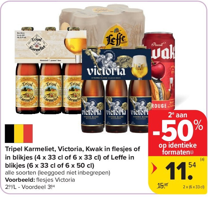 Tripel Karmeliet, Victoria, Kwak in fl esjes of in blikjes (4 x 33 cl of 6 x 33 cl) of Leffe in blikjes (6 x 33 cl of 6 x 50 cl)