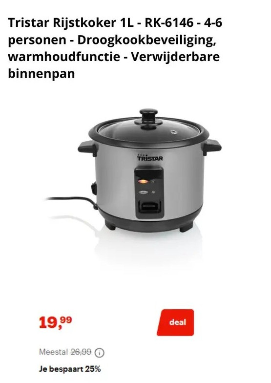Tristar Rijstkoker 1L - RK-6146 - 4-6 personen -
