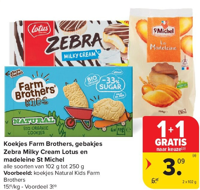 Koekjes Farm Brothers, gebakjes Zebra Milky Cream Lotus en madeleine St Michel