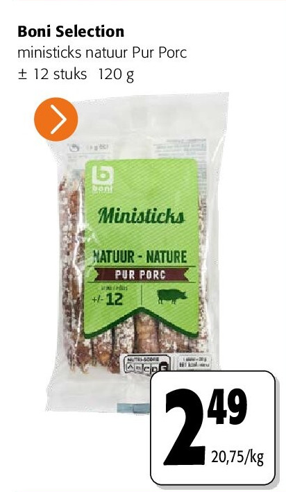 Boni Selection ministicks natuur Pur Porc ± 12 stuks 120 g