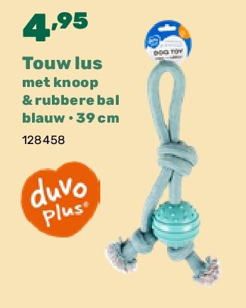 Touw lus met knoop & rubbere bal blauw • 39 cm