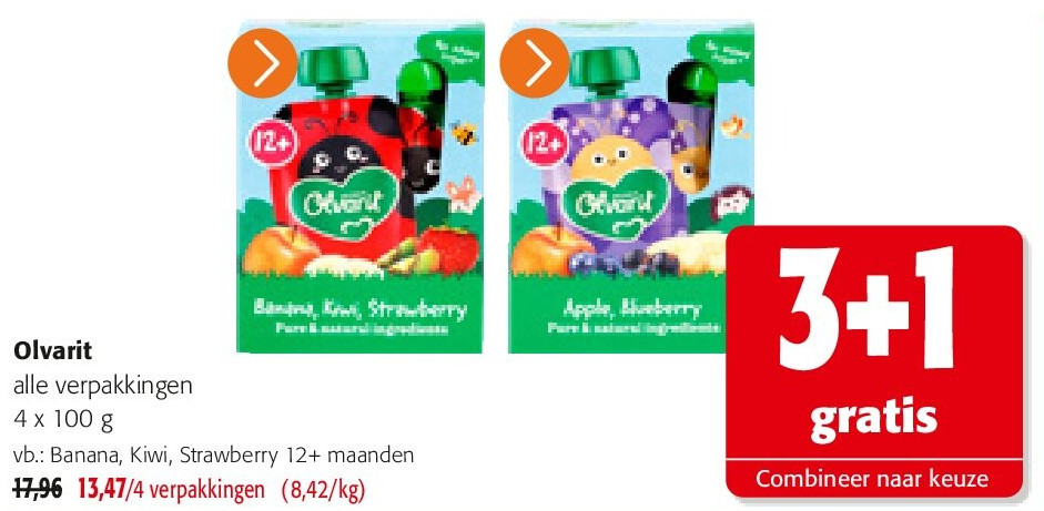 Olvarit Banana, Kiwi, Strawberry 12+ maanden
