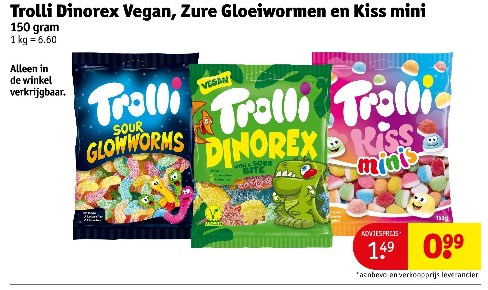 Trolli Dinorex Vegan, Zure Gloeiwormen en Kiss mini