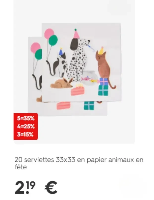 20 serviettes 33x33 en papier animaux en fête