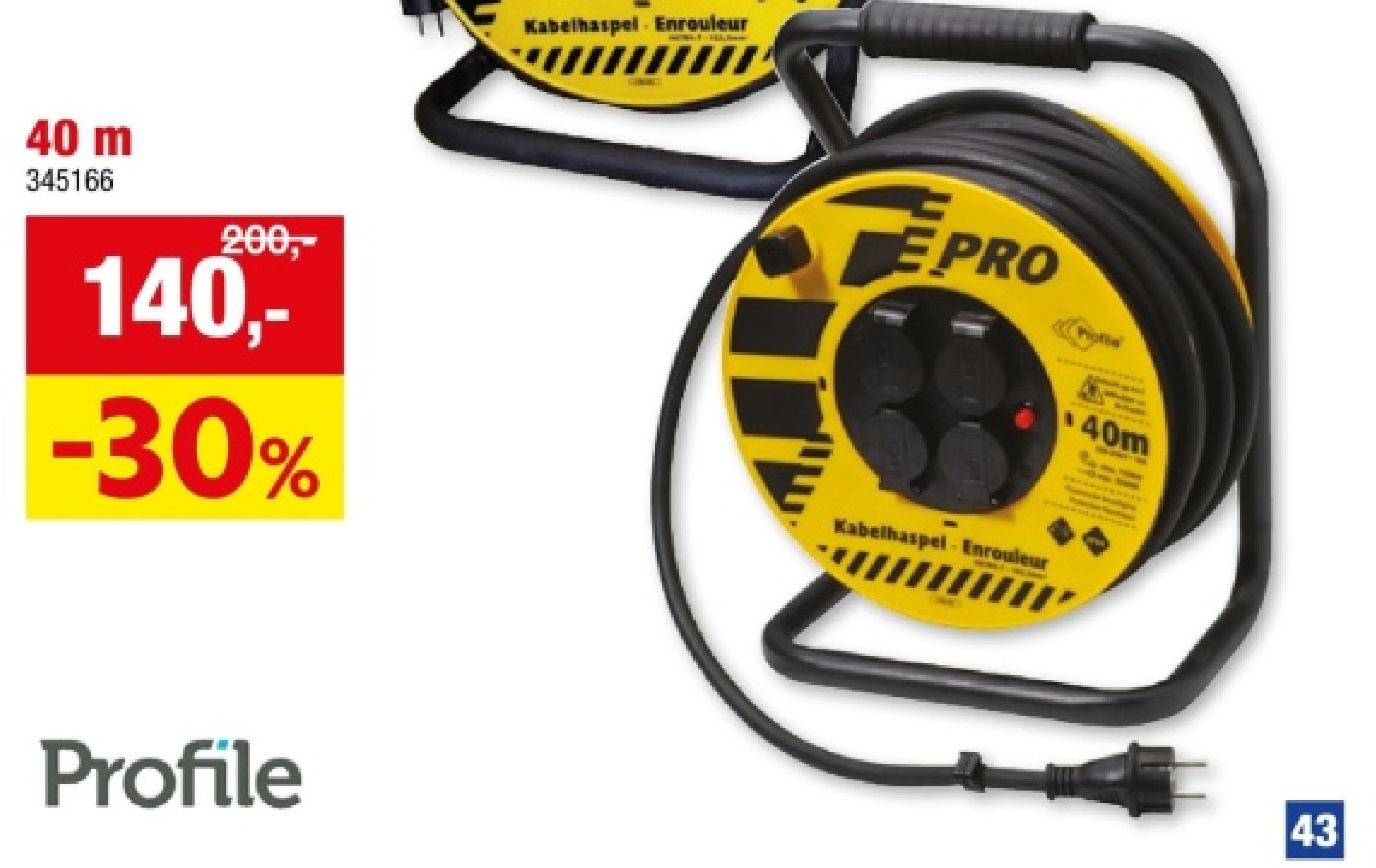 PROFESSIONELE KABELHASPEL 3 x 2,5 mm² 40 m