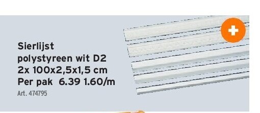 Sierlijst polystyreen wit D2 2x 100x2,5x1,5 cm
