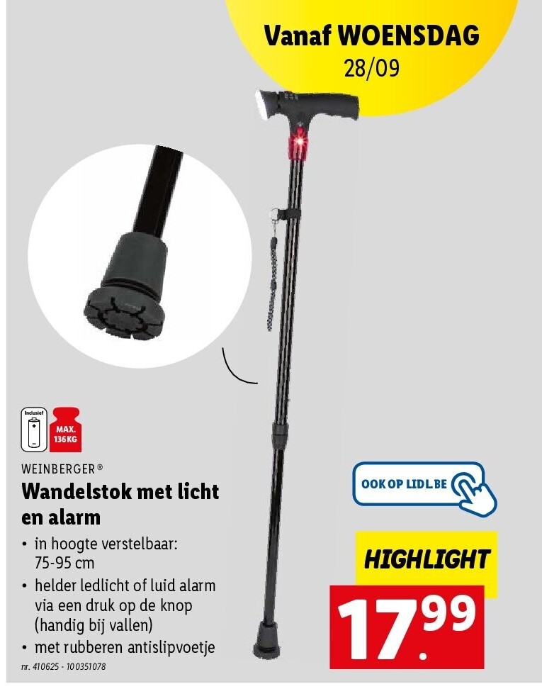 Wandelstok met licht en alarm