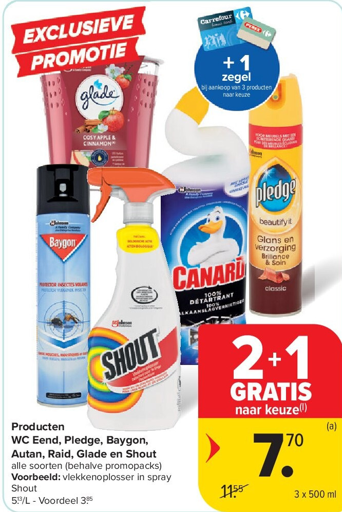 Producten WC Eend, Pledge, Baygon, Autan, Raid, Glade en Shout