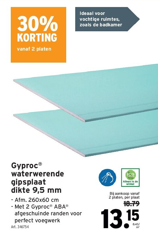 Gyproc® waterwerende gipsplaat dikte 9,5 mm