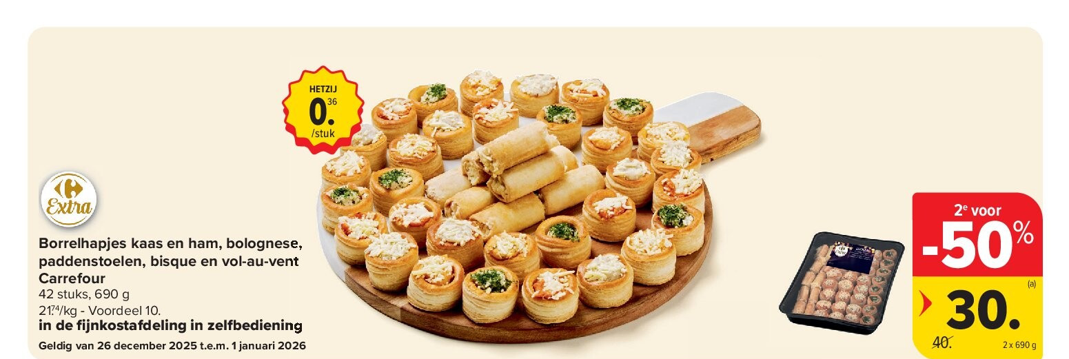Borrelhapjes kaas en ham, bolognese, paddenstoelen, bisque en vol-au-vent Carrefour