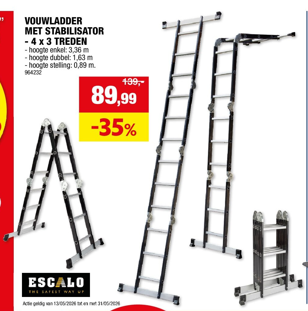 VOUWLADDER MET STABILISATOR - 4 x 3 TREDEN