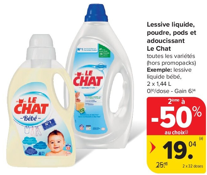 Lessive liquide, poudre, pods et adoucissant Le Chat 2 x 32 doses