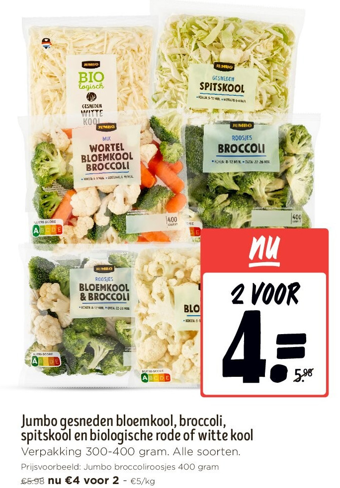 Jumbo gesneden bloemkool, broccoli, spitskool en biologische rode of witte kool