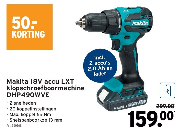 Makita 18V accu LXT klopschroefboormachine DHP490WVE