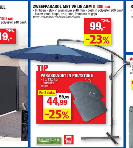 ZWEEFPARASOL MET VRIJE ARM 300 cm