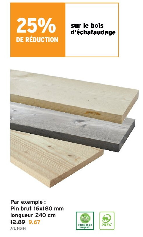 Pin brut 16x180 mm longueur 240 cm