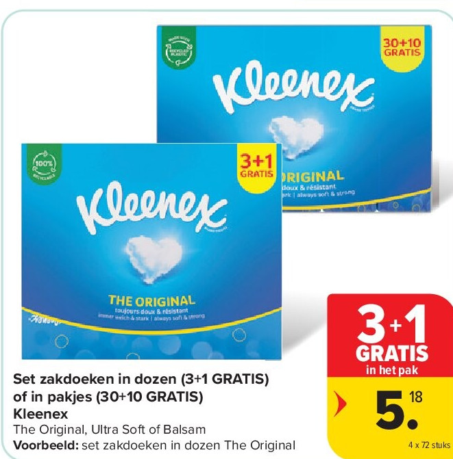 Set zakdoeken in dozen (3+1 GRATIS) of in pakjes (30+10 GRATIS) Kleenex