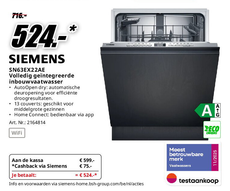 Siemens SN63EX22AE Volledig geïntegreerde inbouwvaatwasser