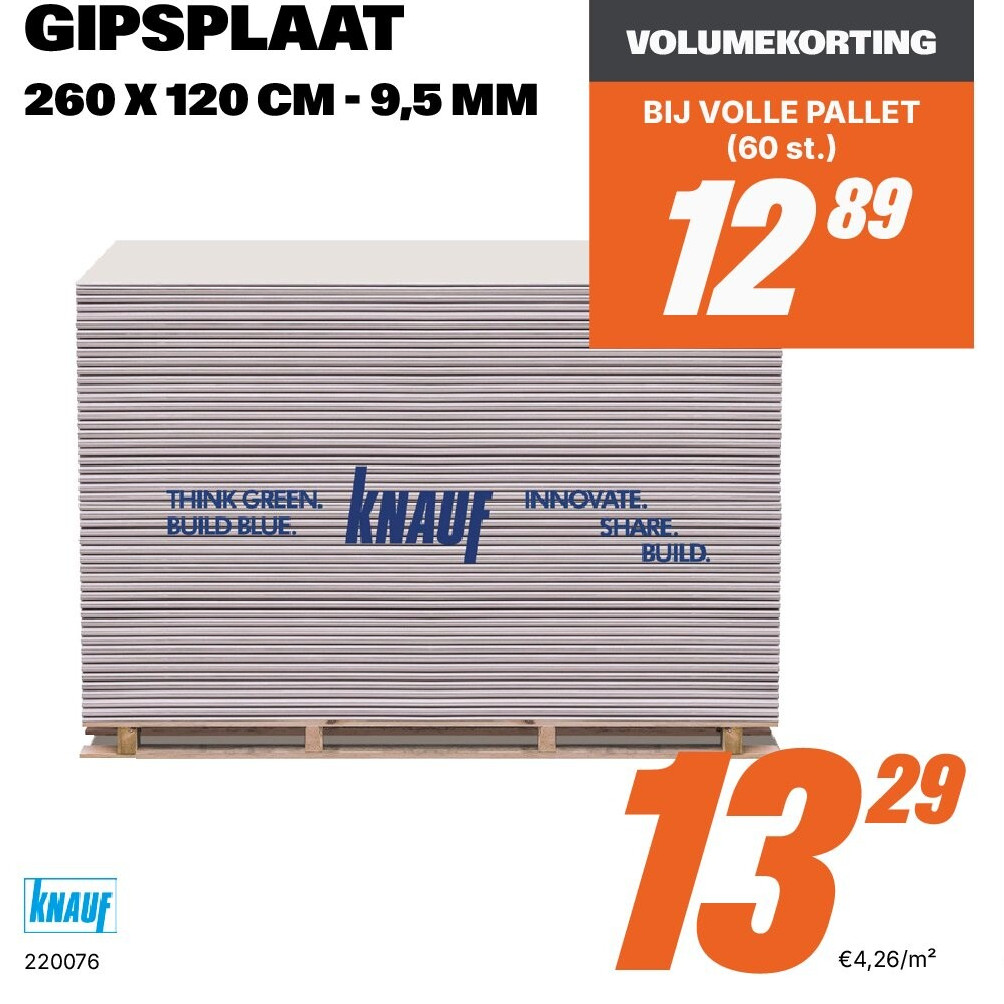GIPSPLAAT 260 X 120 CM - 9,5 MM
