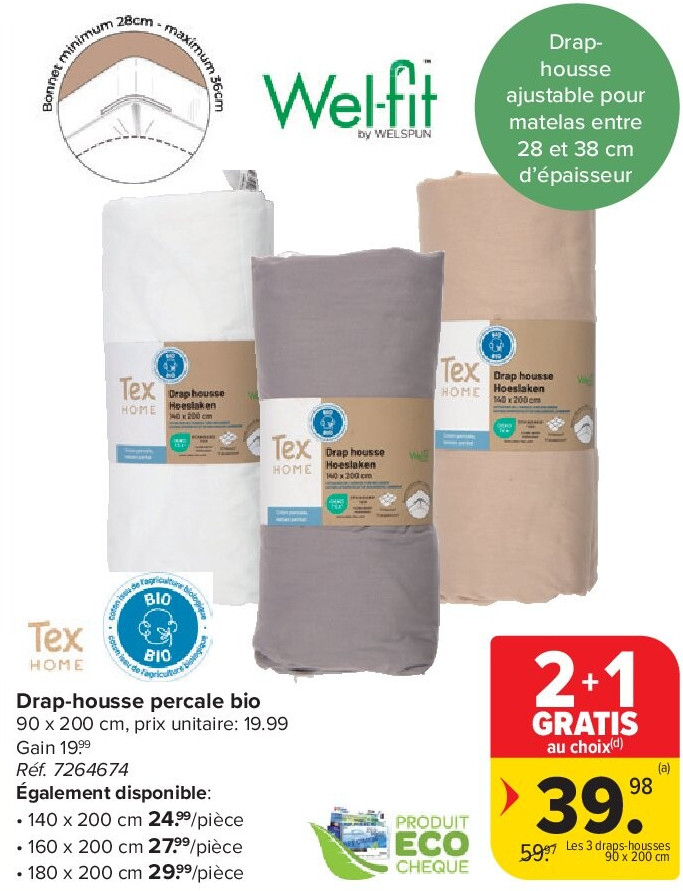 Drap-housse percale bio 90 x 200 cm