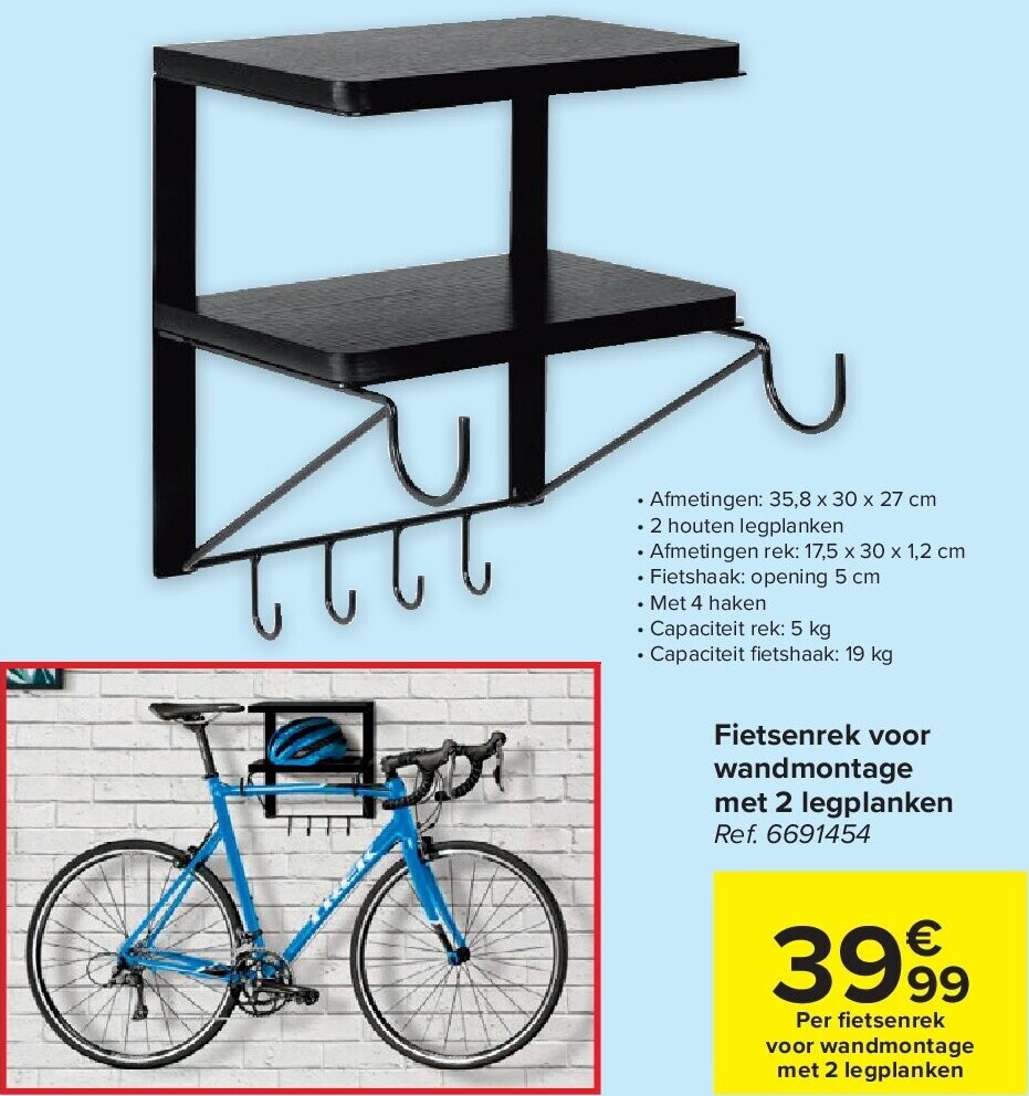 Fietsenrek voor wandmontage met 2 legplanken