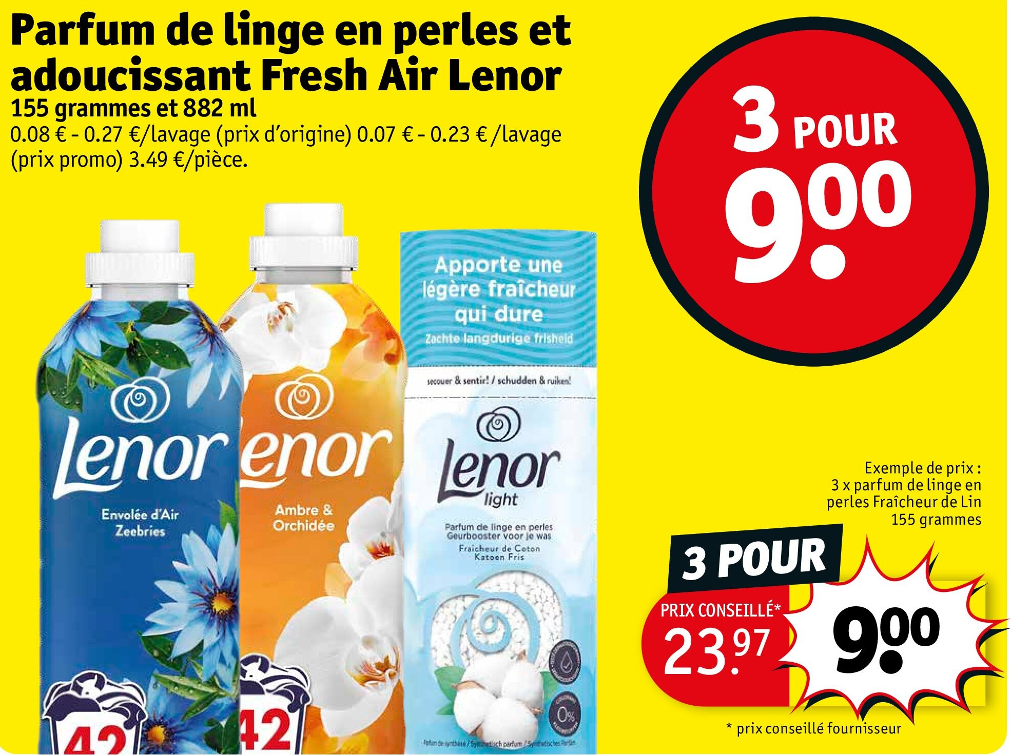 Parfum de linge en perles et adoucissant Fresh Air Lenor 3 POUR