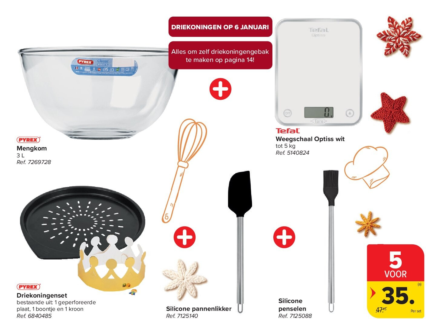 Mengkom + Weegschaal Optiss wit + Driekoningenset + Silicone pannenlikker + Silicone penselen