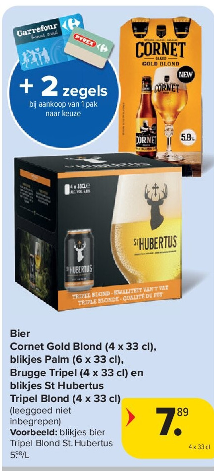 Bier Cornet Gold Blond (4 x 33 cl), blikjes Palm (6 x 33 cl), Brugge Tripel (4 x 33 cl) en blikjes St Hubertus Tripel Blond (4 x 33 cl)