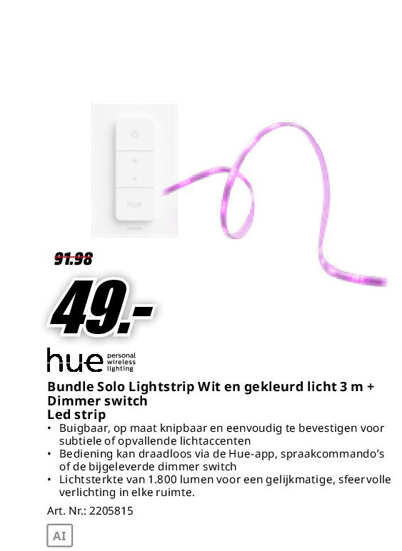 Bundle Solo Lightstrip Wit en gekleurd licht 3 m + Dimmer switch Led strip