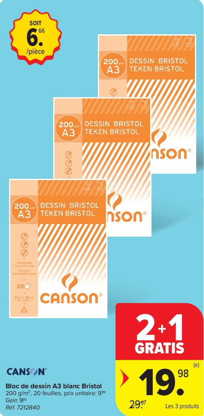 CANSON Bloc de dessin A3 blanc Bristol 200 g/m²