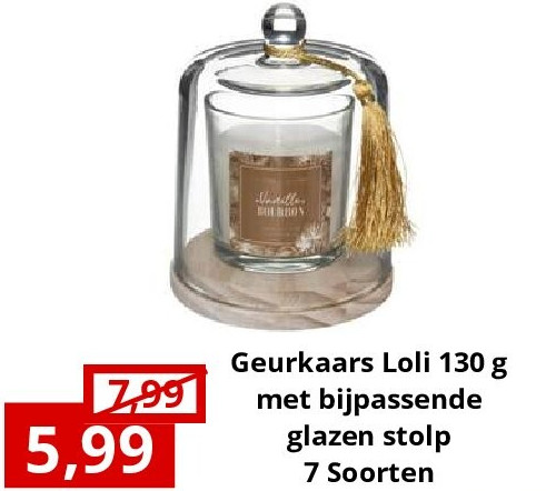 Geurkaars Loli 130 g met bijpassende glazen stolp 7 Soorten