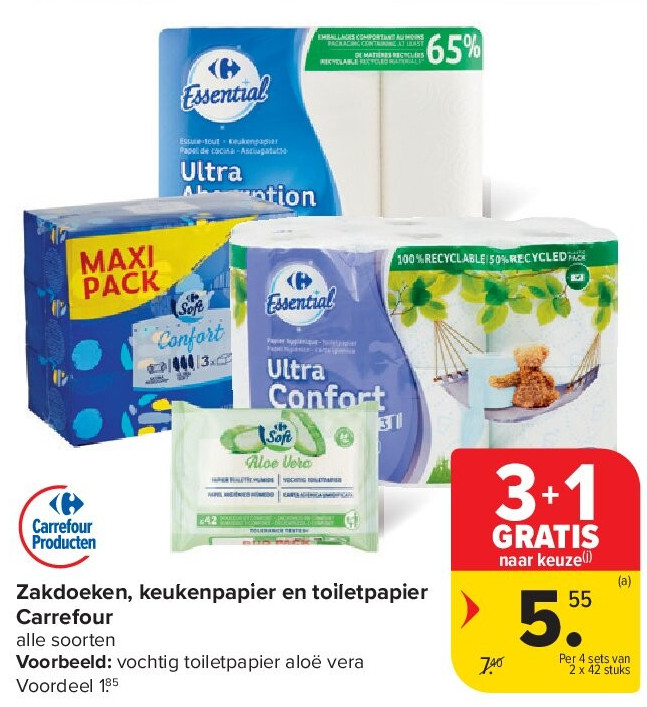 Zakdoeken, keukenpapier en toiletpapier Carrefour
