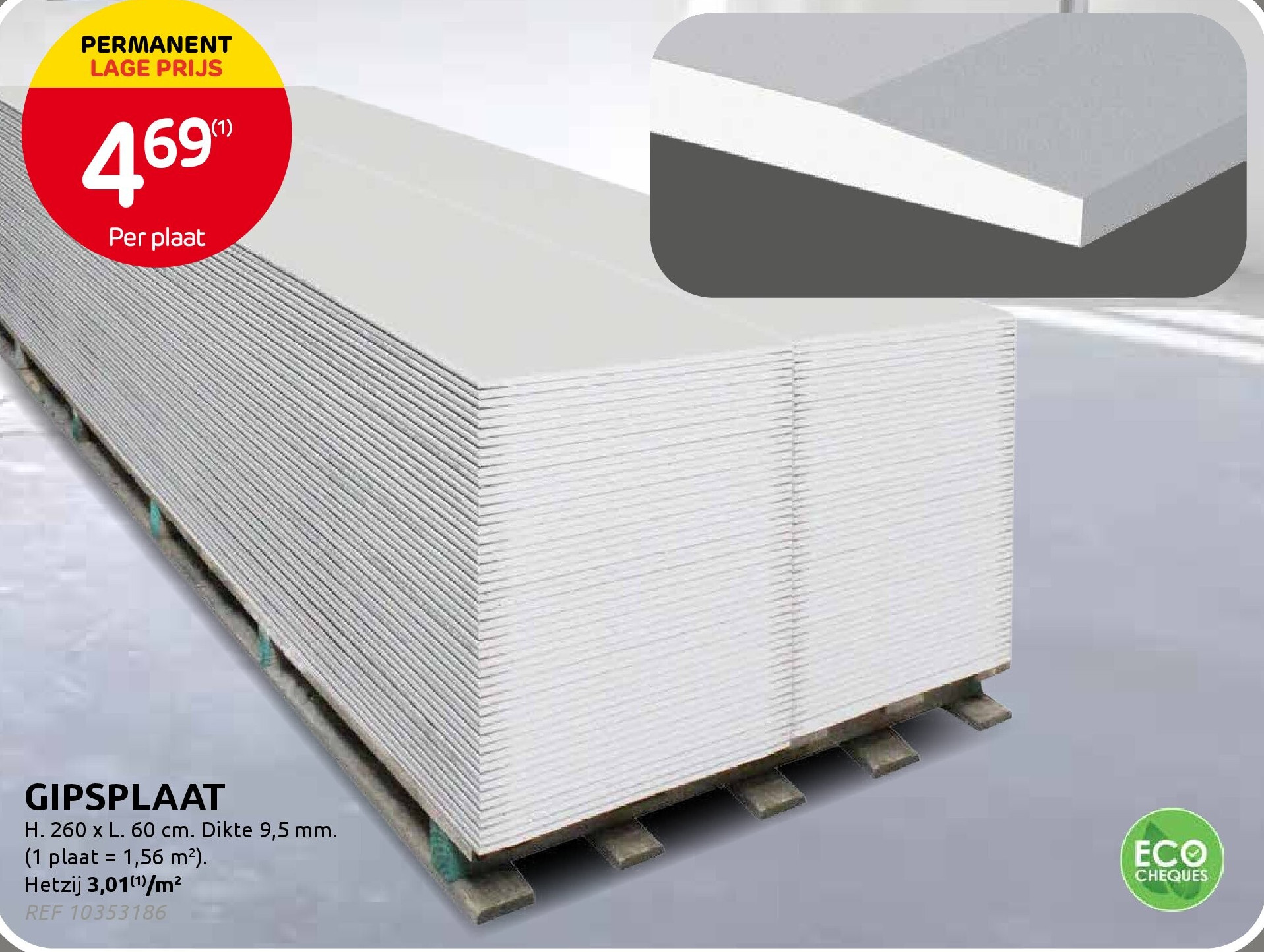 Gipsplaat 260 x 60 cm, dikte 9,5 mm