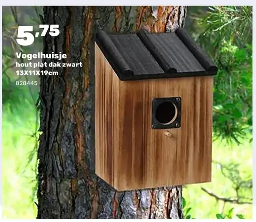 Vogelhuisje hout plat dak zwart 13X11X19cm