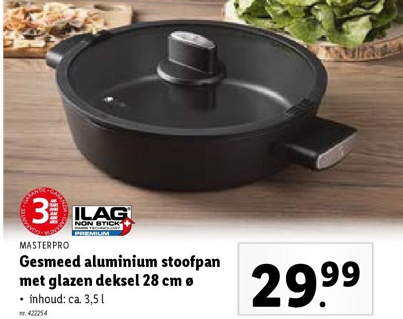 Gesmeed aluminium stoofpan met glazen deksel 28 cm ø