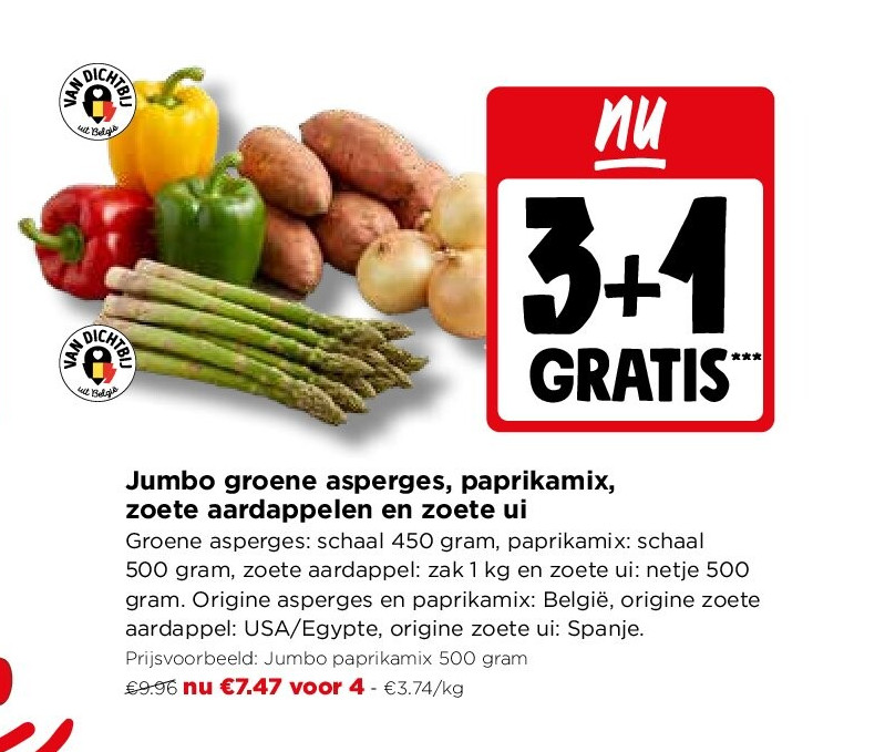 Jumbo groene asperges, paprikamix, zoete aardappelen en zoete ui