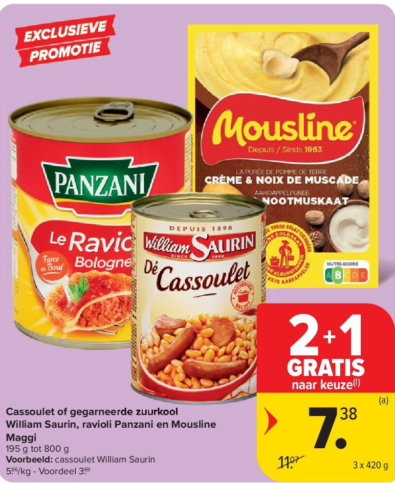 Cassoulet of gegarneerde zuurkool William Saurin, ravioli Panzani en Mousline Maggi