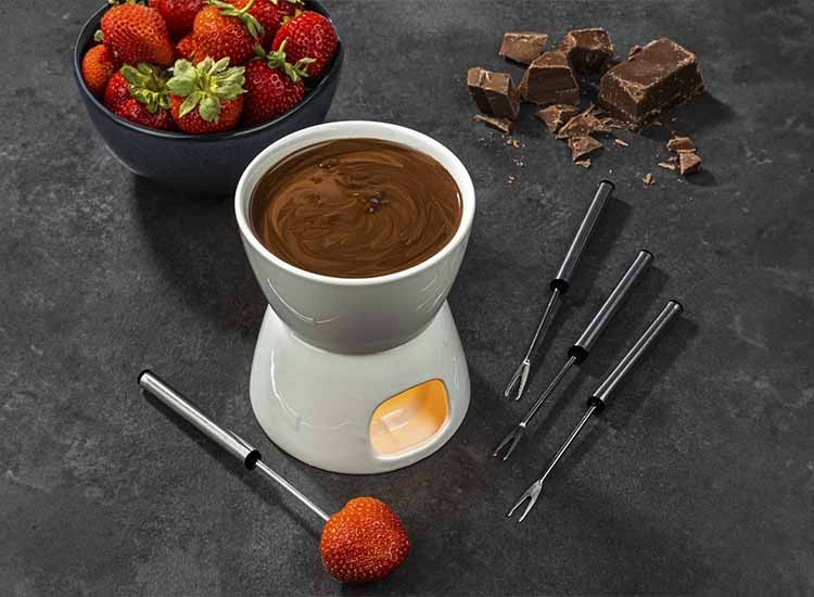 HI Chocoladefondue Set - Porselein - 4 RVS Vorkjes - 0,5 Liter