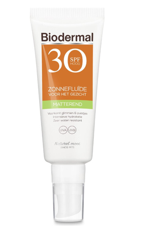 Biodermal Zonnebrand - Matterende Zonnefluïde voor het gezicht SPF 30 - 40ml - Voorkomt glimmen en puistjes