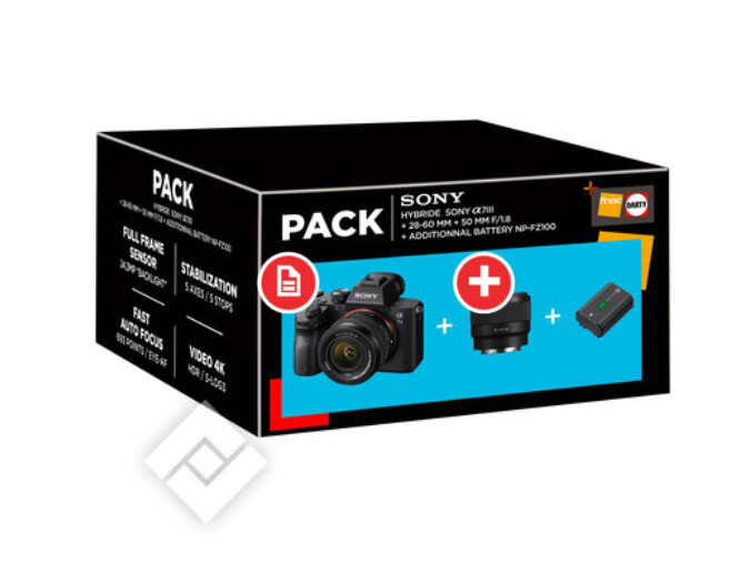 SONY HYBRIDE FOTOTOESTEL ALPHA 7 III + FE 28-60mm f/4-5.6 + FE 50mm f/1,8 + 2DE BATTERIJ NP-FZ100