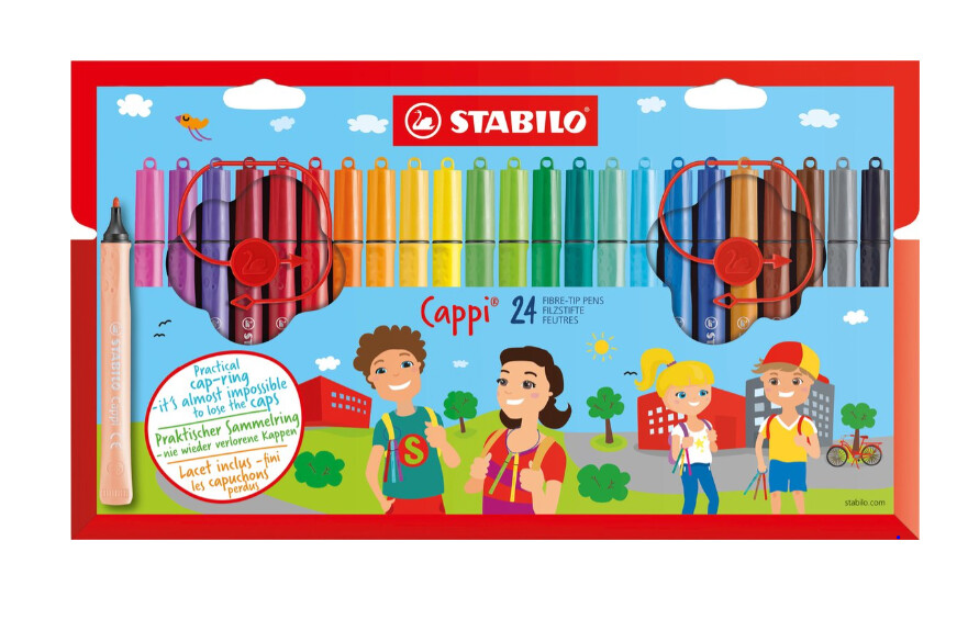 STABILO Cappi - Viltstift - Nooit Meer Je Dop Kwijt Dankzij De Dopring - Etui Met 24 Kleuren + 2 Dopringen