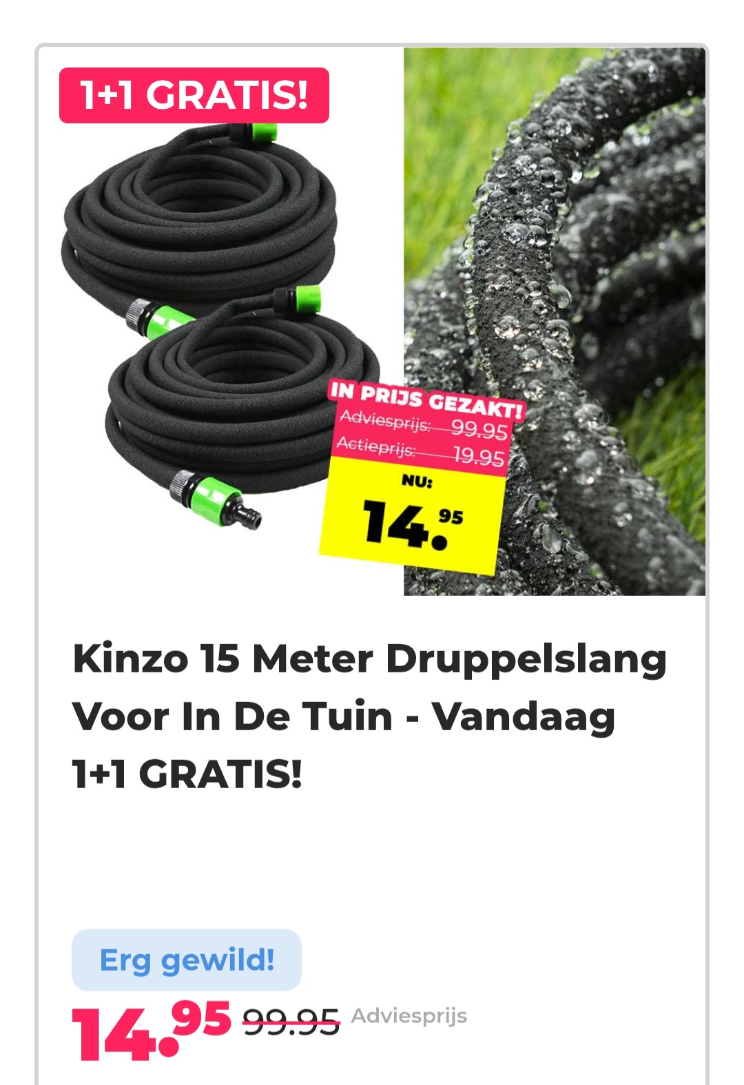 Kinzo 15 meter druppelslang vandaag 1+1 -85% bij voordeelvanger.nl