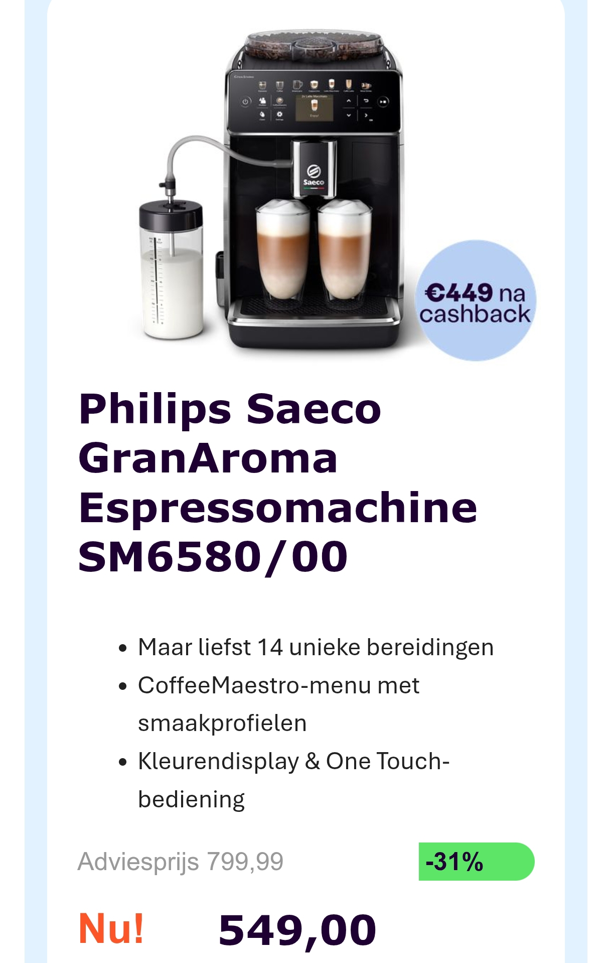 Philips saeco granaroma SM6580/00 aan 449€
