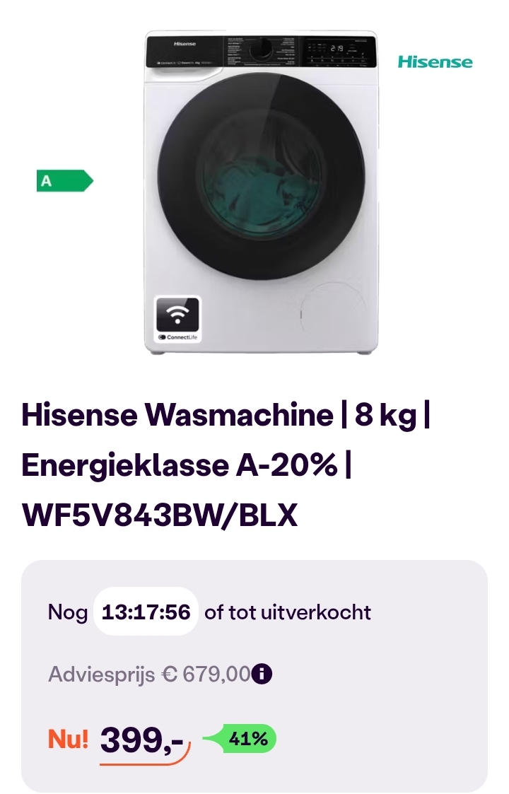 Hisense Wasmachine WF5V843BW/BLX -41% op ibood