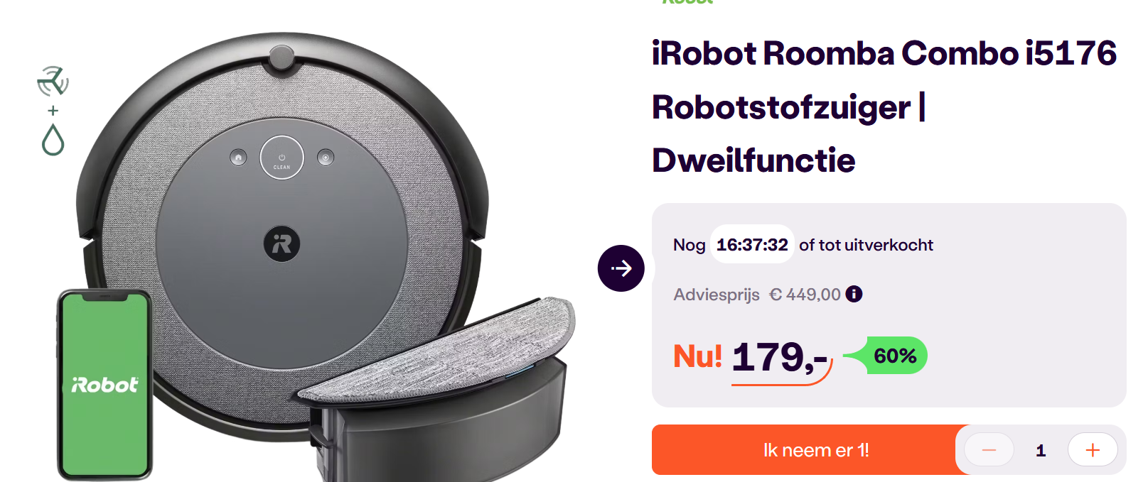 iRobot Roomba Combo i5176 Robotstofzuiger met dweilfunctie voor €179 ipv €449 bij iBood