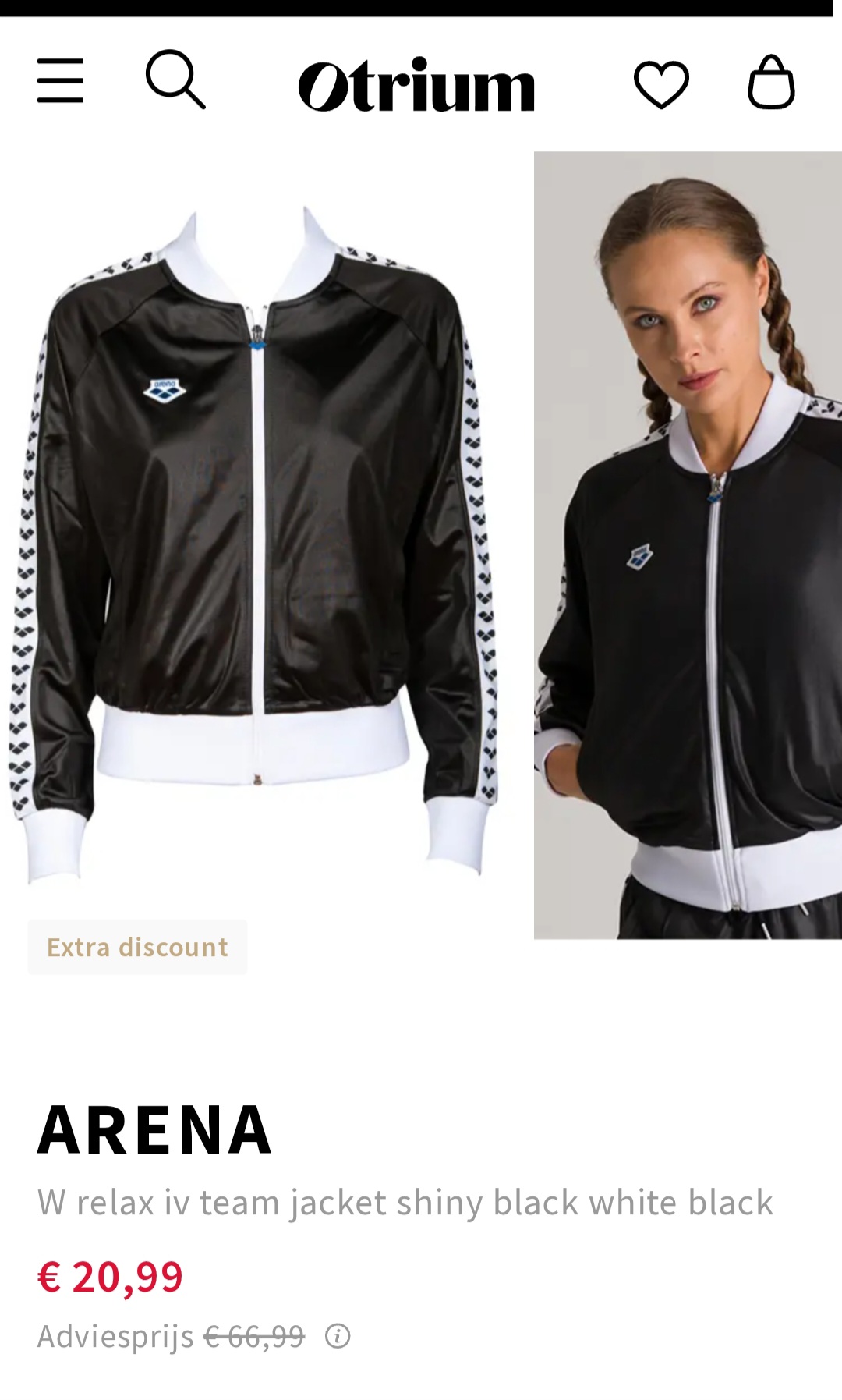Arena jas black white maat XS, S en M bij otrium.be