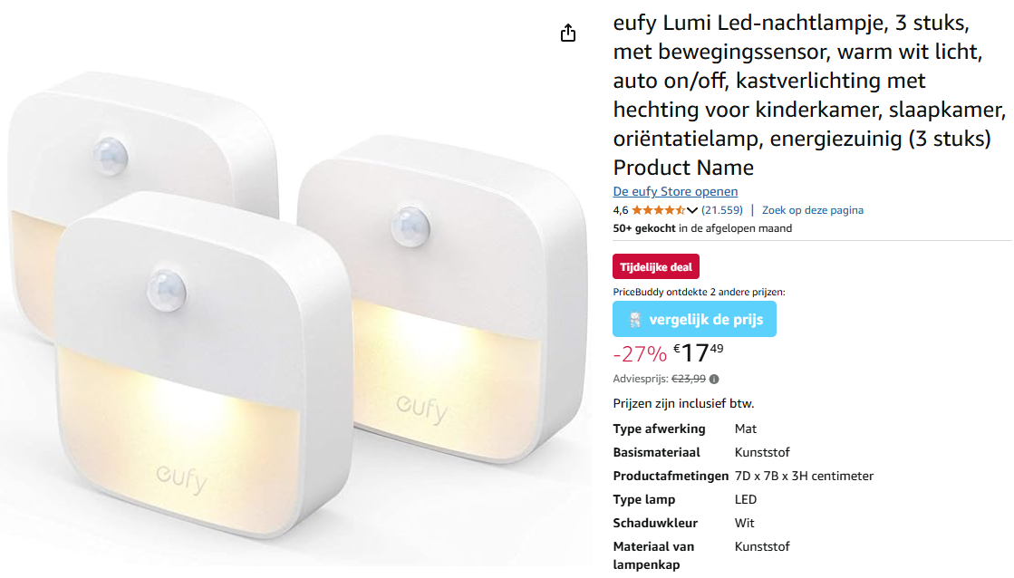 eufy Lumi Led-nachtlampje, 3 stuks, met bewegingssensor voor €17,49 bij Amazon NL