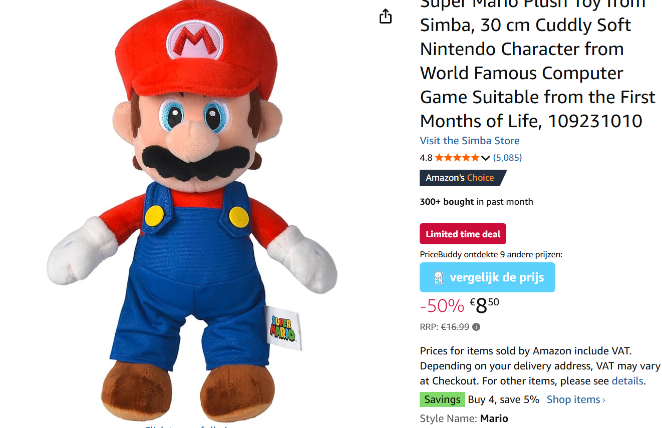 Super Mario Plush 30cm voor slechts €8,50 bij Amazon DE